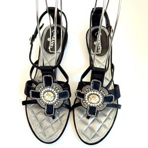 Chanel Black Metallic Grey Pearl stone embellished gladiator flat sandals EU38.5